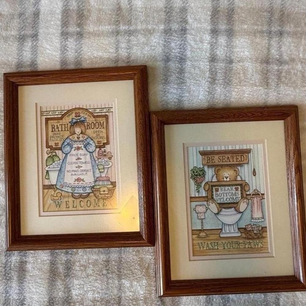 Vintage Country Bathroom Wall Art Set Framed Prints Farmhouse Decor Teddy Bear